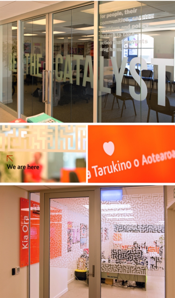 Montage of images of NZ Drug Foundation branded office fit out